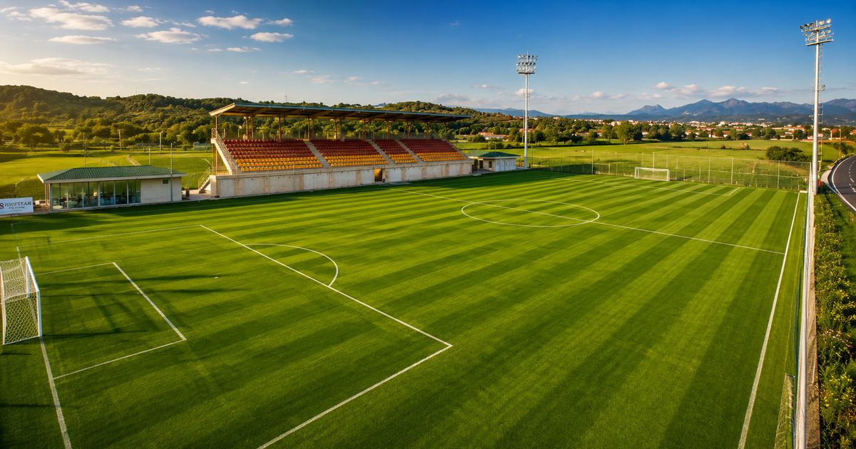 Ground-level view of a pristine FIFA football pitch with grandstand seating at golden hour