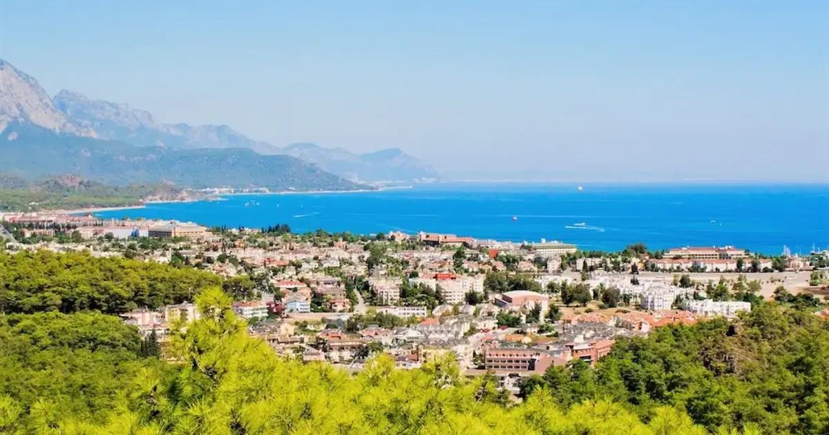 Panoramic view of Kemer town with Mediterranean Sea and mountains, Antalya region, Turkey