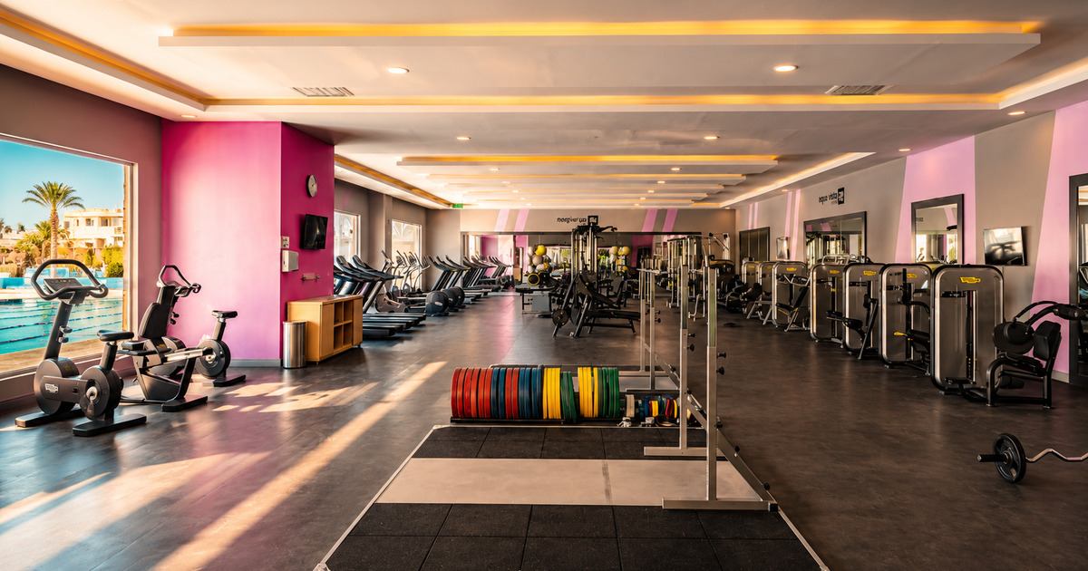 Spacious resort gym interior with cardio machines, cable stations, free weights and coloured weight plates, Hurghada Egypt