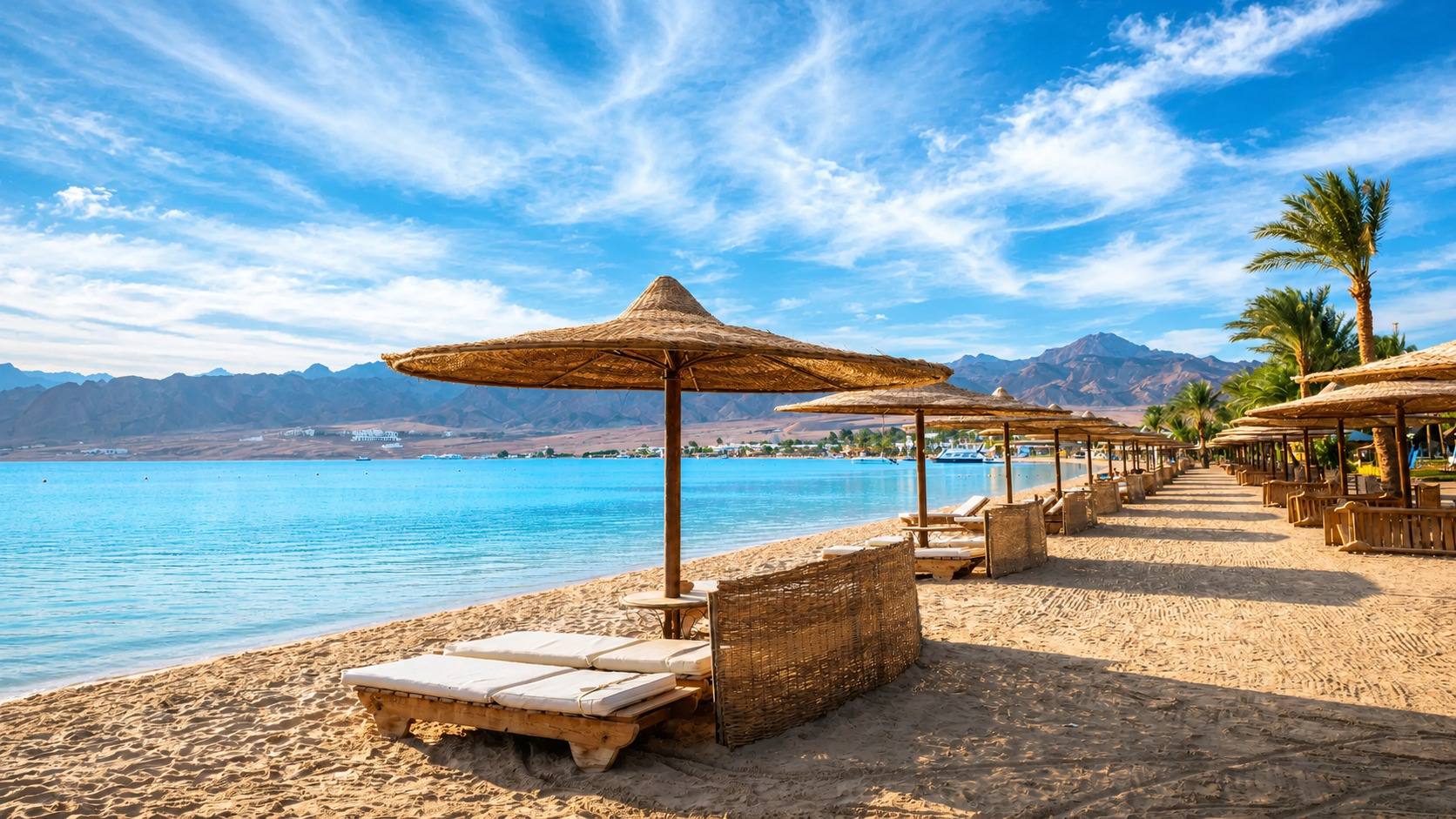 Red Sea beach with straw parasols, wooden sun loungers and rocky mountains in the background, Hurghada Egypt