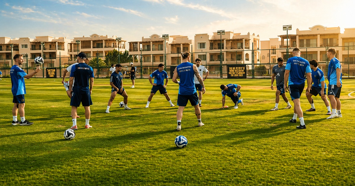 Football squad warming up on a natural grass training pitch at Soma Bay resort at golden hour, with resort villas and floodlights visible in the background