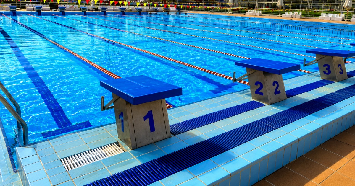Competition starting blocks 1, 2 and 3 at the edge of the 50m outdoor pool, Hurghada sports complex