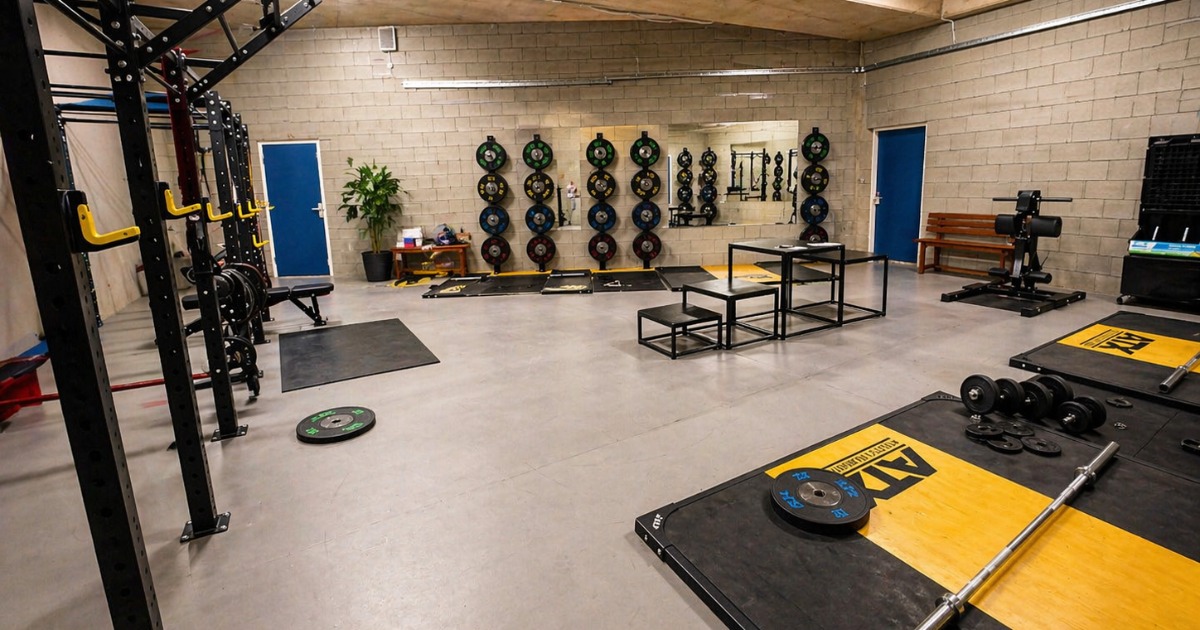 On-site strength and conditioning gym with squat rack, lifting platforms, and wall-mounted weight plates