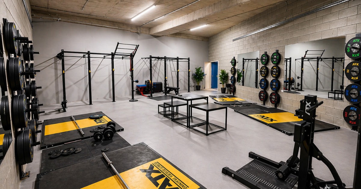 Wider view of the strength and conditioning gym with multiple lifting platforms and a full rig