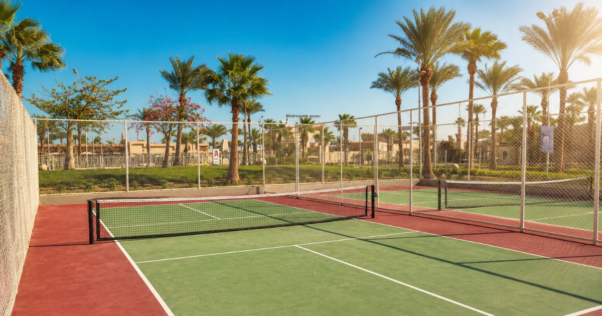 Outdoor pickleball courts with palm trees and blue sky at Aqua Vista resort, Hurghada