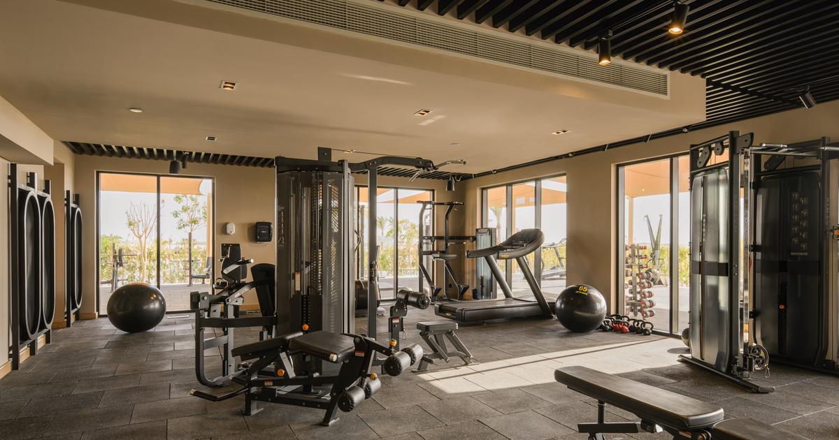 Well-equipped hotel fitness center with cable machines, treadmill, free weights, and panoramic windows