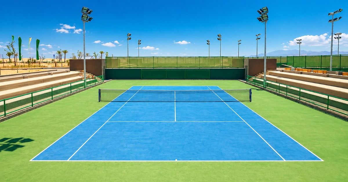 ITF-standard blue tennis court at Soma Bay under a clear blue sky, with floodlight towers, spectator stands, and desert landscape in the background