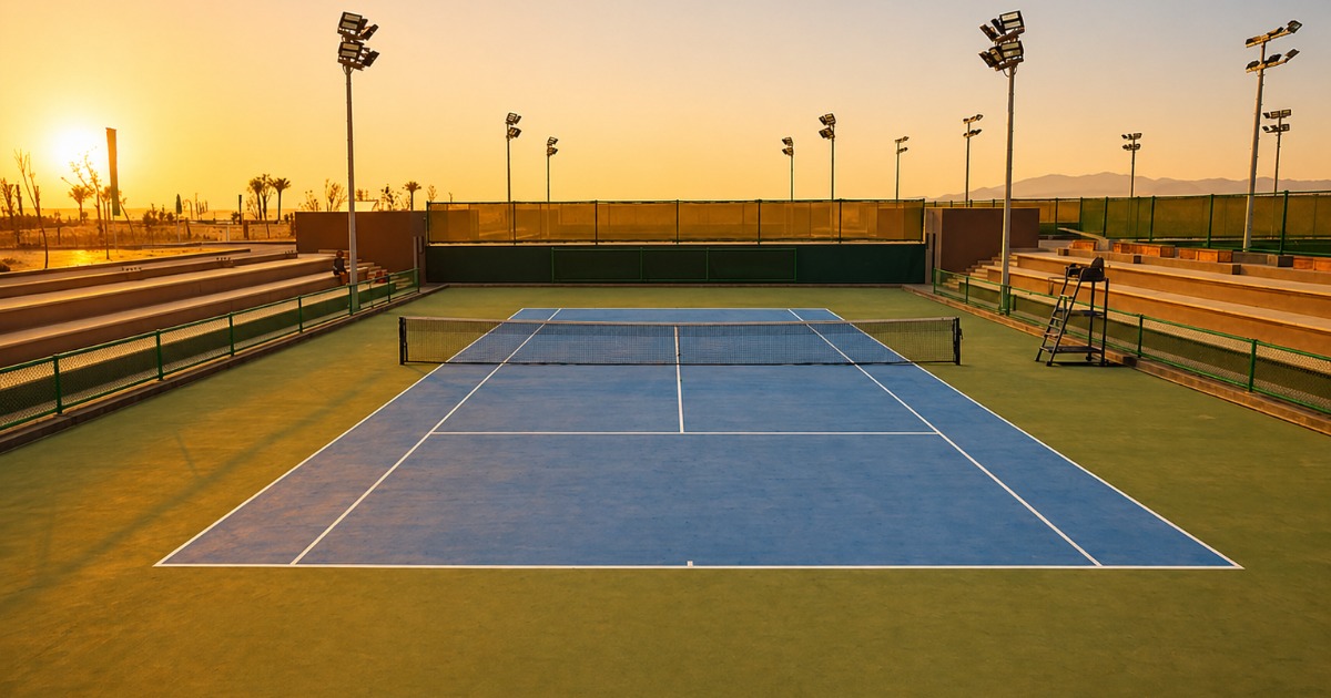 Professional tennis court at Soma Bay bathed in golden sunset light, with floodlight towers, a net, and spectator stands against a warm desert sky