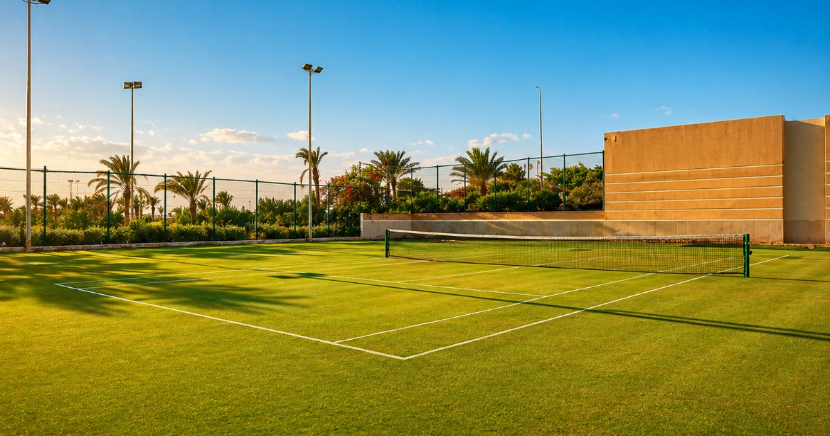 Natural grass tennis court at Soma Bay at golden hour, surrounded by tropical palms, lush greenery, and a warm sandy wall