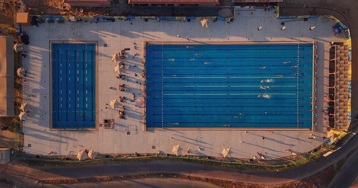 Aerial view of Soma Bay swimming venue during competition