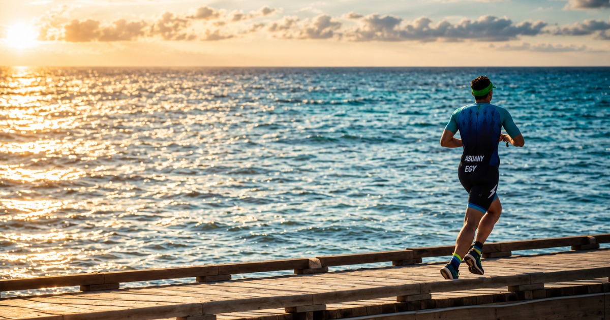 Triathlete running on boardwalk at sunset, Soma Bay