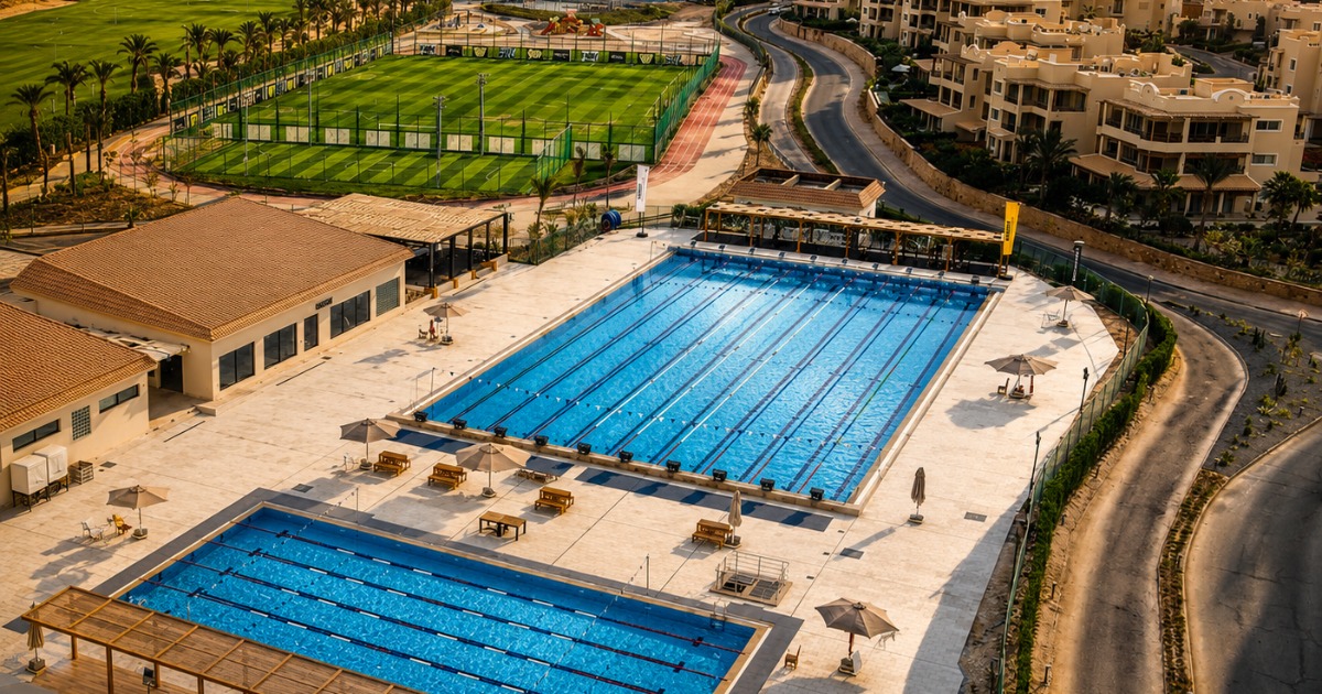 Soma Bay Olympic pool complex — drone aerial view of full sports infrastructure